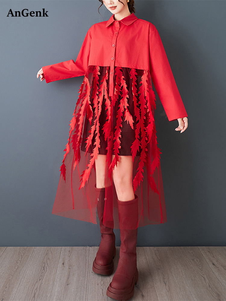 Women'S Red Formal Wear - เดรสเชิ้ตผ้าตาข่ายสีแดงสไตล์วินเทจสำหรับผู้หญิง แขนยาวทรงหลวมสบายๆ ความยาวปานกลาง ดีไซน์หรูหรา เสื้อผ้าแฟชั่นสำหรับฤดูใบไม้ผลิและฤดูใบไม้ร่วง ปี