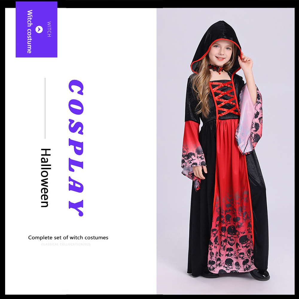 Women'S Red Formal Wear - ชุดแม่มดสีแดงดำพร้อมฮู้ด เดรสยาวลายหัวกะโหลก ผูกเชือก แขนกระดิ่ง สำหรับคอสเพลย์ฮาโลวีน ปาร์ตี้กอธิค