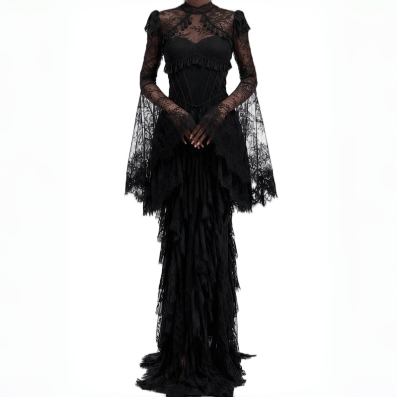 Women'S Gothic Formal Wear - ชุดราตรีทรงเมอร์เมดสีดำลูกไม้สูง คอเสื้อสไตล์โกธิควิคตอเรียน ผ้าซีทรูโปร่งบาง ชุดราตรีสุภาพ รับสั่งตัด