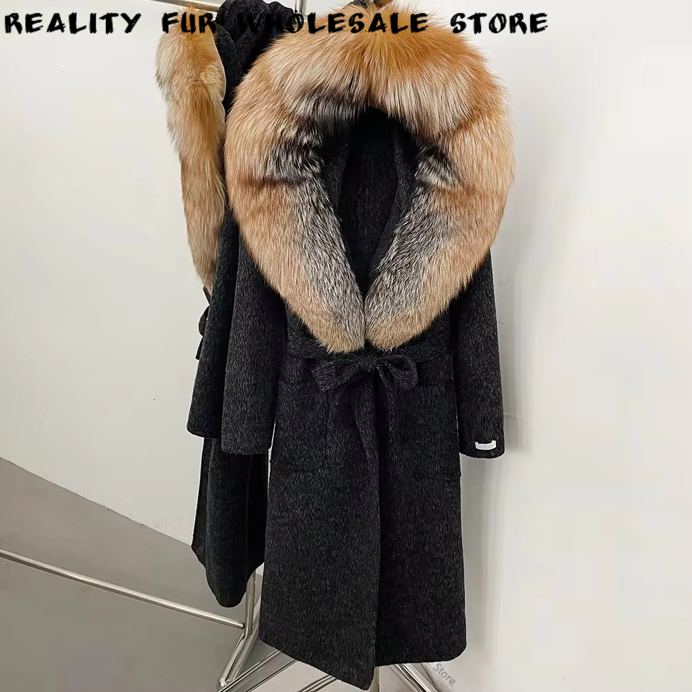 Women Luxury Formal Wear - เสื้อโค้ทขนสัตว์สำหรับผู้หญิง ดีไซน์ยาว มีเข็มขัด ปกขนสัตว์ ผูกโบว์ได้ อบอุ่น
