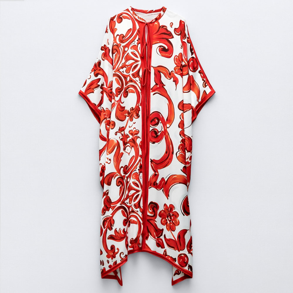 Women'S Red Formal Wear - เดรสยาวพิมพ์ลายวินเทจสีแดงขาวสำหรับผู้หญิงใหม่ประจำฤดูร้อนปี 2026 ทรงหลวม คอกลม แขนทรงปีกค้างคาว ชายกระโปรงไม่สม่ำเสมอ