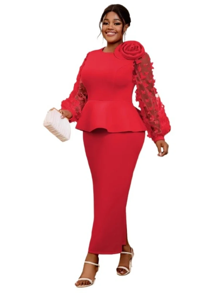 Women'S Red Formal Wear - ชุดเดรสแอฟริกันไซส์ใหญ่สำหรับผู้หญิง ปี 2025 ฤดูใบไม้ร่วง ชุดเดรสยาวหรูหรา แขนยาว