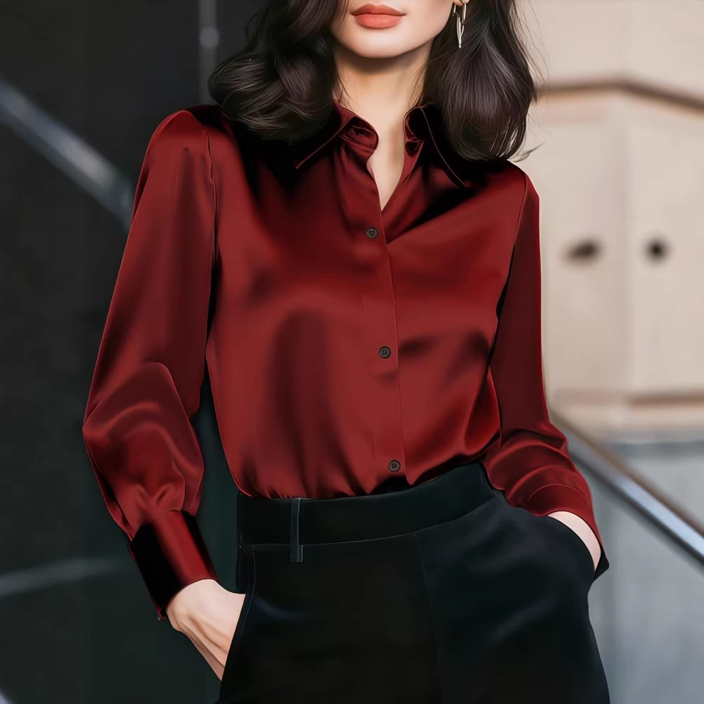 Women Formal Wear Business - เสื้อผู้หญิงคอปกผ้าซาติน กระดุมด้านหน้า แขนยาว ปลายแขนพับได้ ดีไซน์หรูหรา เหมาะสำหรับใส่ทำงานหรือในชีวิตประจำวัน