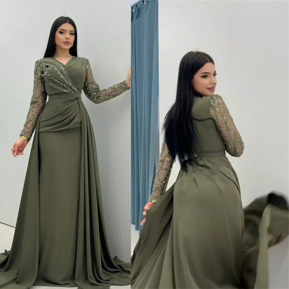 Women Luxury Formal Wear - ที่กําหนดเองชุดราตรีหรูหรา Beaded Sequins ชุดราตรีแขนยาว Saudi คําประณีตสวมใส่