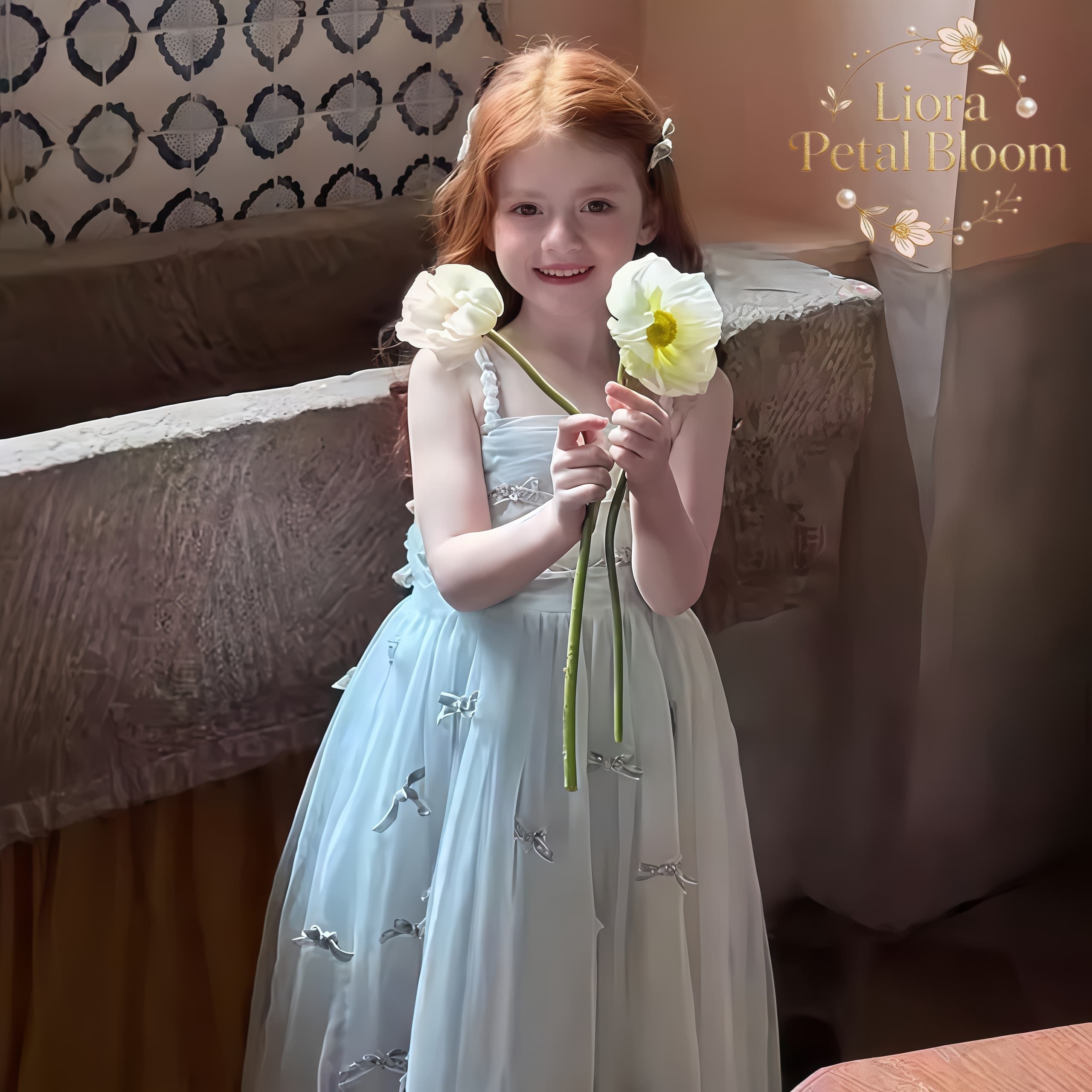 Formal Attire Woman - ชุดเดรสเด็กผู้หญิงสีฟ้าประดับโบว์ ชุดเดรสเด็กผู้หญิงแบบหรูหรา ชุดเดรสสายเดี่ยวสำหรับเด็กผู้หญิง ชุดเดรสสำหรับเด็กผู้หญิงถือดอกไม้
